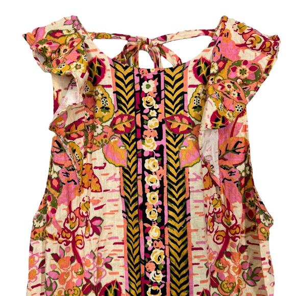 Free People Tulum Printed Linen Tunic Top Small Pink Sleeveless Ruffle Boho - Picture 3 of 8